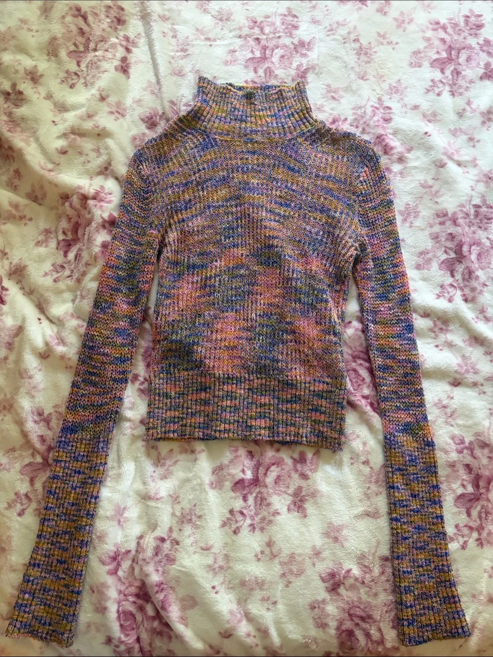 Free People Multicolor Knit Turtleneck Sweater - Purple, Pink, Yellow, Blue